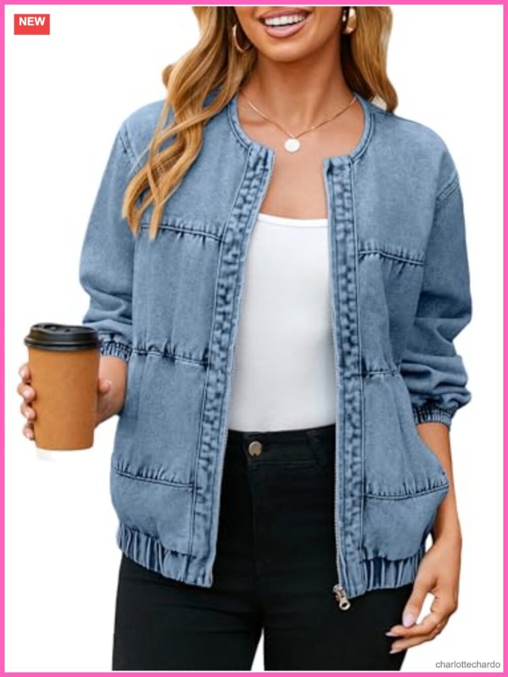 Womens Denim Bomber Jacket Zip Up Crew Neck Loose Fit Jean Jacket Fall